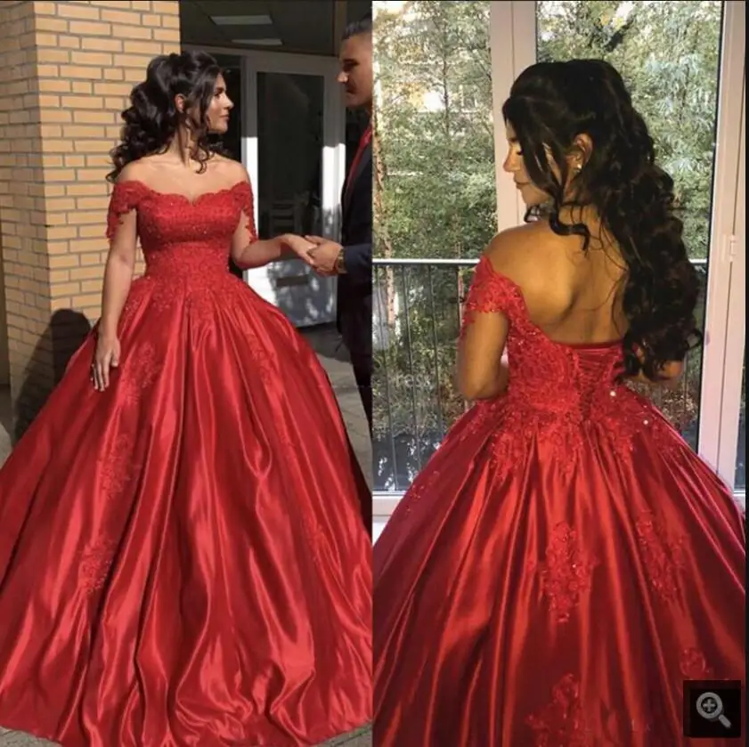 

Vestido De Festa red satin ball gown prom dress off the shoulder short sleeve sexy beaded sequins sweetheart neck prom gowns