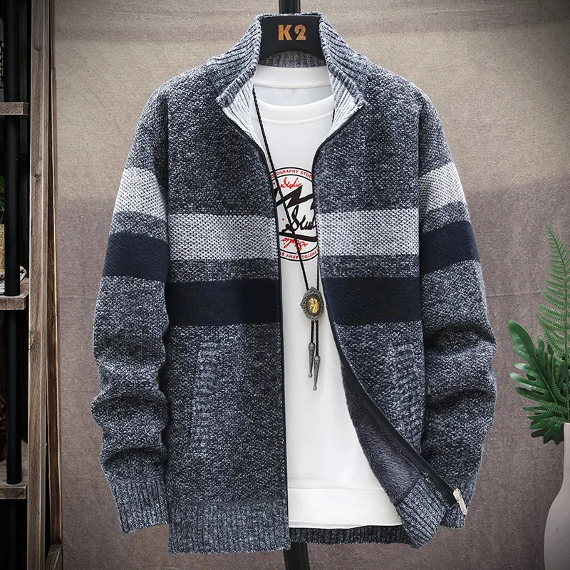 Men's Wool Sweater Jacket Autumn Winter Fleece Thick Warm Stripe Jumpers Zipper Cardigan Casual Loose Cold Coat