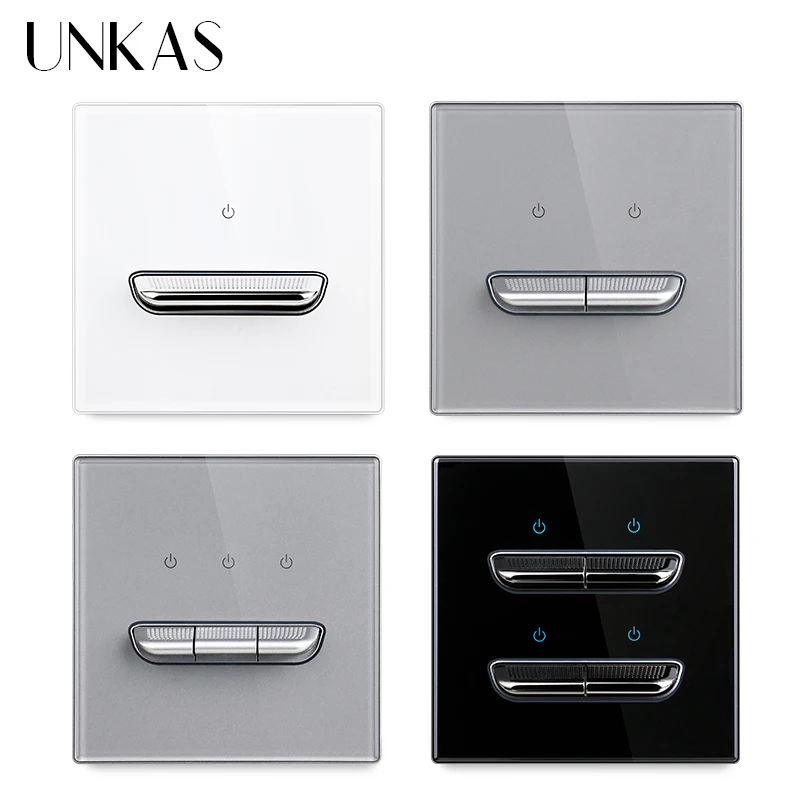 

UNKAS White Black Gray 1 2 3 4 Gang 1 2 Way Light LED Indicator Reset Button Switch Grey Silver Tempered Glass Panel Outlet