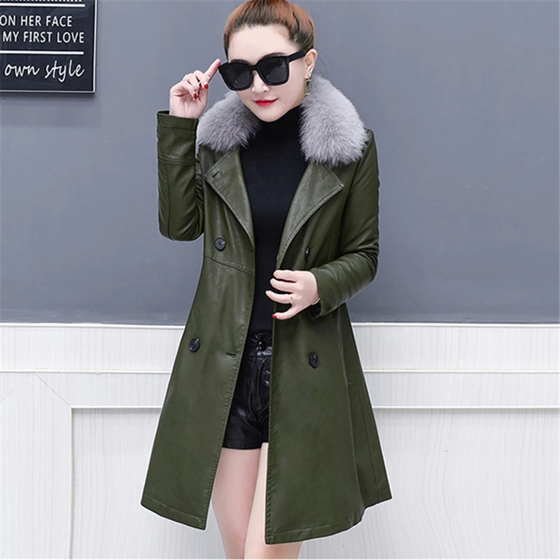 Женская длинная куртка с меховым воротником теплая кожаная длинным рукавом и