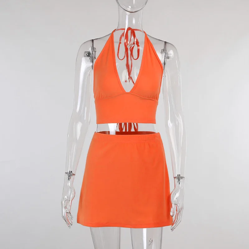 

Sexy Backless Two Piece Set Women Skirt V-Neck Halter Top + Mini Skirt Suit Summer Beachwear Club Vacation Outfits Femme