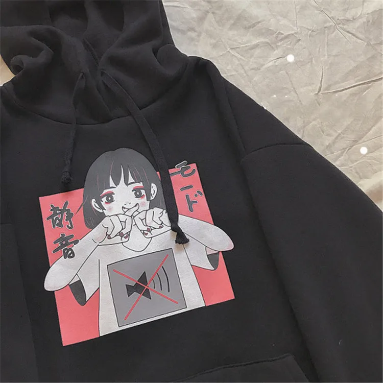 Harajuku Kawaii аниме девушка с капюшоном Толстовка японский Винтаж милый черный флис толстовка с рисунком женский объемный пуловер