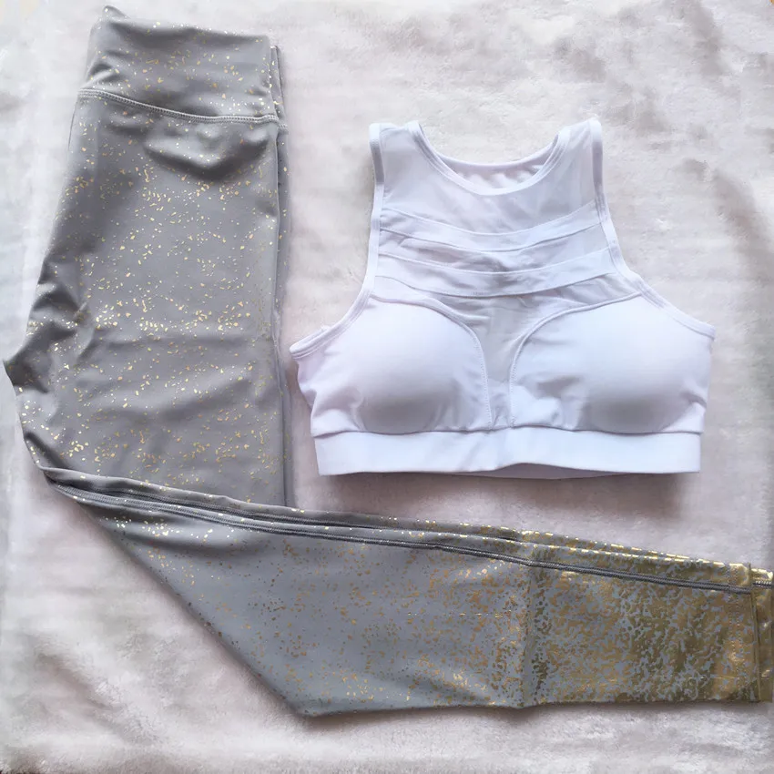 CB381 white grey set Тренировочный костюм с горячей штамповкой, костюм из двух частей для женщин, комплект для йоги, спортивные женские штаны для фитнеса, леггинсы, штаны для йоги с эффектом пуш-ап, спортивная одежда - Цвет: CB381 white grey set