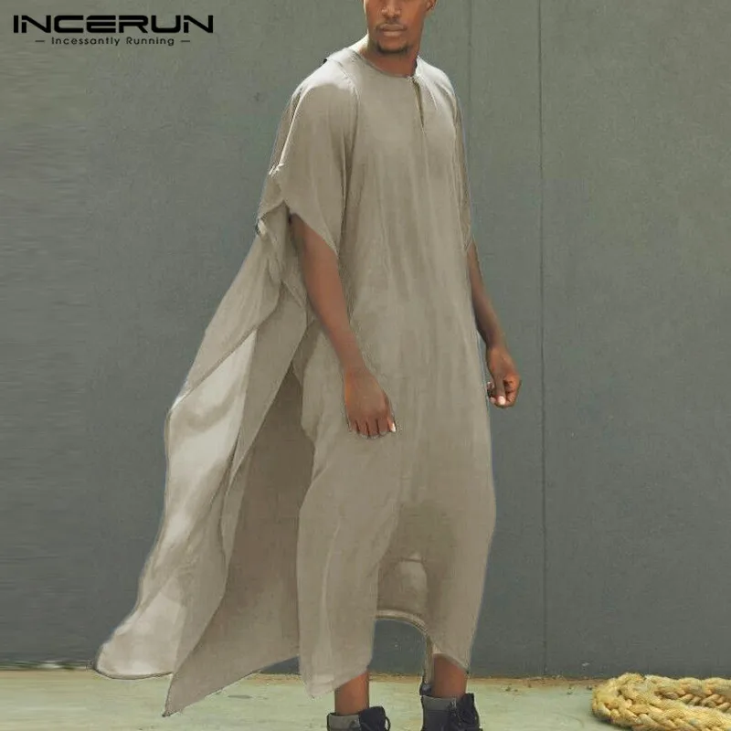 

INCERUN Men Muslim Jubba Thobe Solid Flare Short Sleeve Loose O Neck Men Robes Fashion Abaya Chic Dubai Arab Islamic Kaftan 5XL