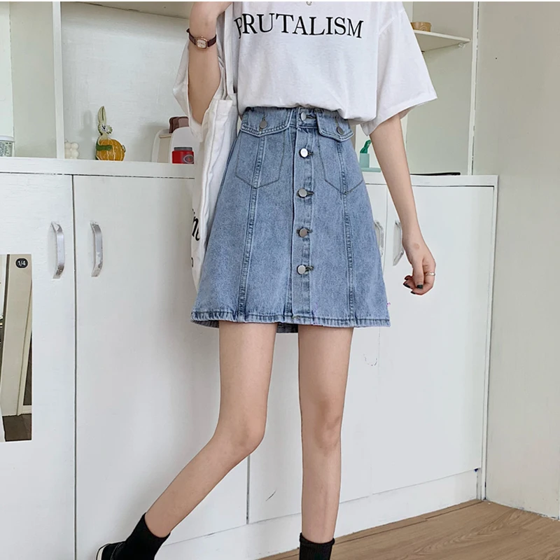 

Zoki Denim Women Skirt Summer High Waist Single Breasted Jean Mini Skirt Korean Blue Ladies A Line Faldas Cotton Mujer Moda 2021