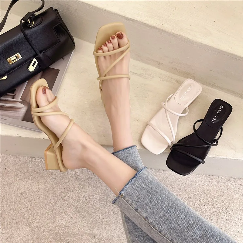 

Square Heel Low Shoes Women 2022 Beige High Heel Sandals Slippers Summer Strap Black New Soft Retro Roman Slippers