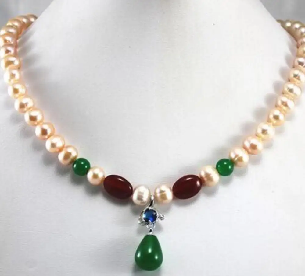 

Бесплатная доставка, оптовая/розничная продажа, ожерелье 8 мм с розовым жемчугом и красным камнем зеленого нефрита