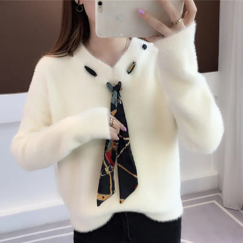 

VOOCIEC Spring/Autumn Woman Fashion Sexy Sweater French Woman Retro Fairy Knit Sweater Small Tie Bow Neck Padded Sweater