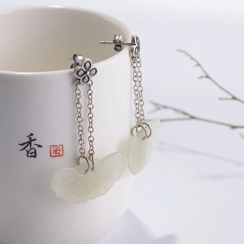 FNJ Hetian Jade серьги из 925 серебра,, Чистое Серебро S925 пробы, висячие серьги с кисточкой для женщин, ювелирное изделие, клевер