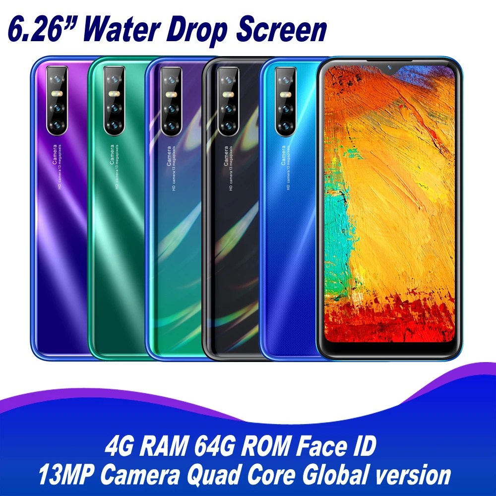 

M10s Quad core 13MP 4GB RAM 64GB ROM Face ID unlocked 6.26inch smartphone wifi Water drop screen Android mobile phones celulares