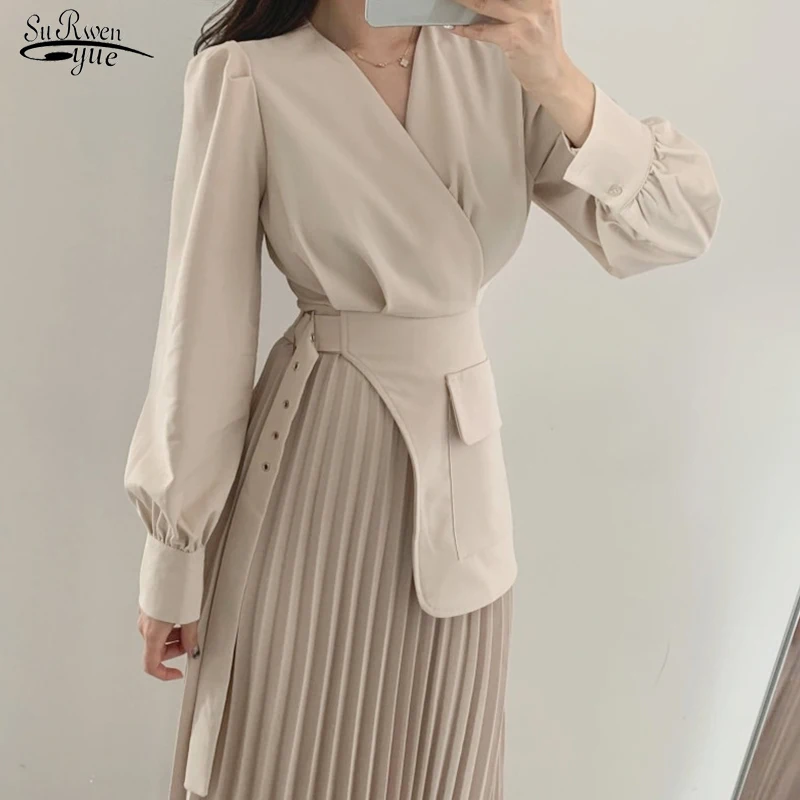 

2021 Spring New Long Pleated Dress V-neck Casual Solid Women Dress A-line Party Dresses Lantern Sleeve Elegant Femme Robe 12789
