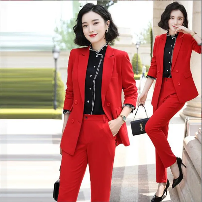 Elegant Red Black White 2 Piece Set Ladies Pant Suit Women Plus Size 4XL Double Breasted Jacket And Pant Work Career Blazer Suit