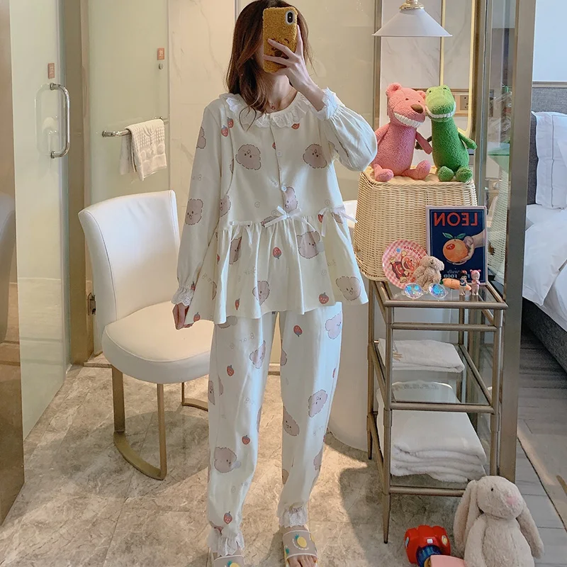 

Confinement Clothing Spring and Autumn Strawberry Bear Long Sleeve Cotton Pajamas for Pregnant Women Female Postpartum Nursing