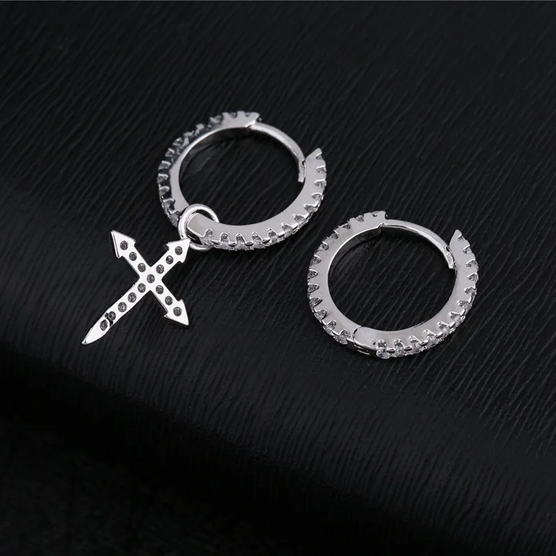 

925 Sterling Silver Mosaic Cubic Zircon Cross Pendant Earrings For Women Asymmetric Hoop Earrings S-E1093