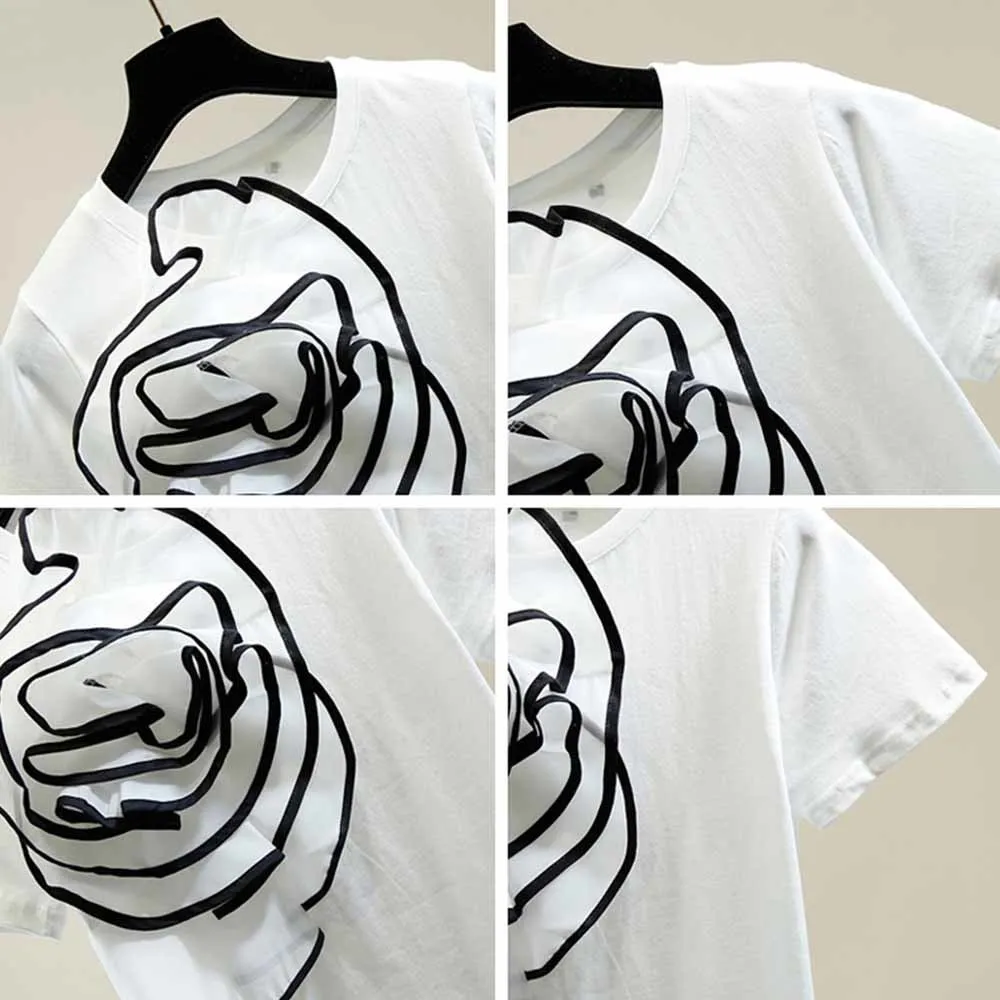 Футболка женская трехмерная с коротким рукавом модный топ крупными цветами и