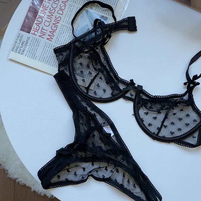 Sexy ultra-thin fairy underwear sets lace mesh intimate bow tie with steel ring gather underwear girl summer bralette panty