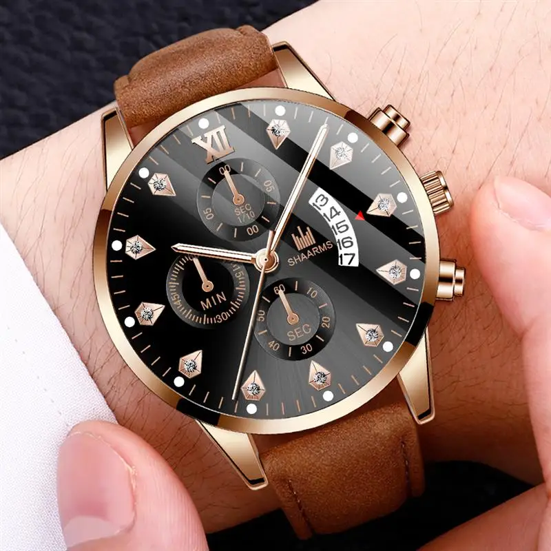 Модные мужские коричневые часы с кожаным ремешком из нержавеющей стали