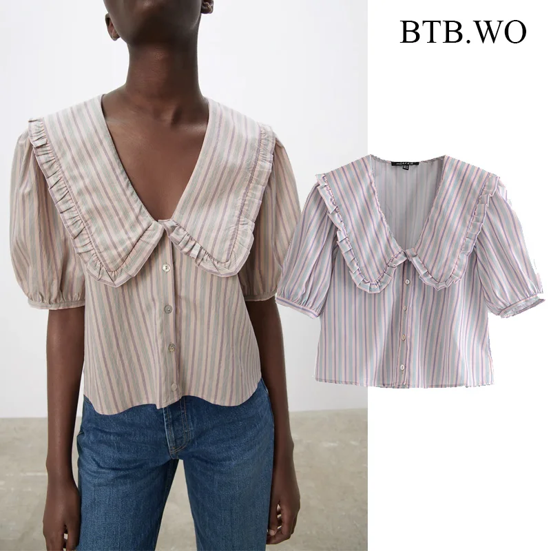

Женская блузка в полоску BTB.WO, винтажная блузка с круглым вырезом и коротким рукавом, Повседневная рубашка с оборками, 2019