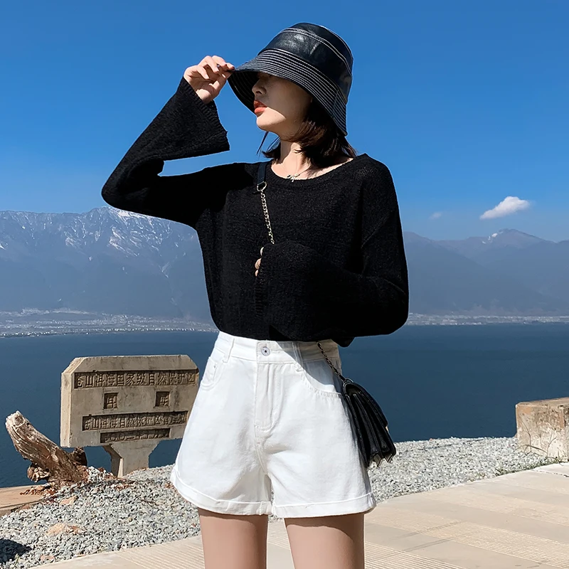 Женские винтажные джинсовые шорты COIGARSAM классические синие широкие с высокой