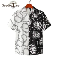 summer patchwork printing casual shirts mens beach lapel single breasted short sleeves shirt