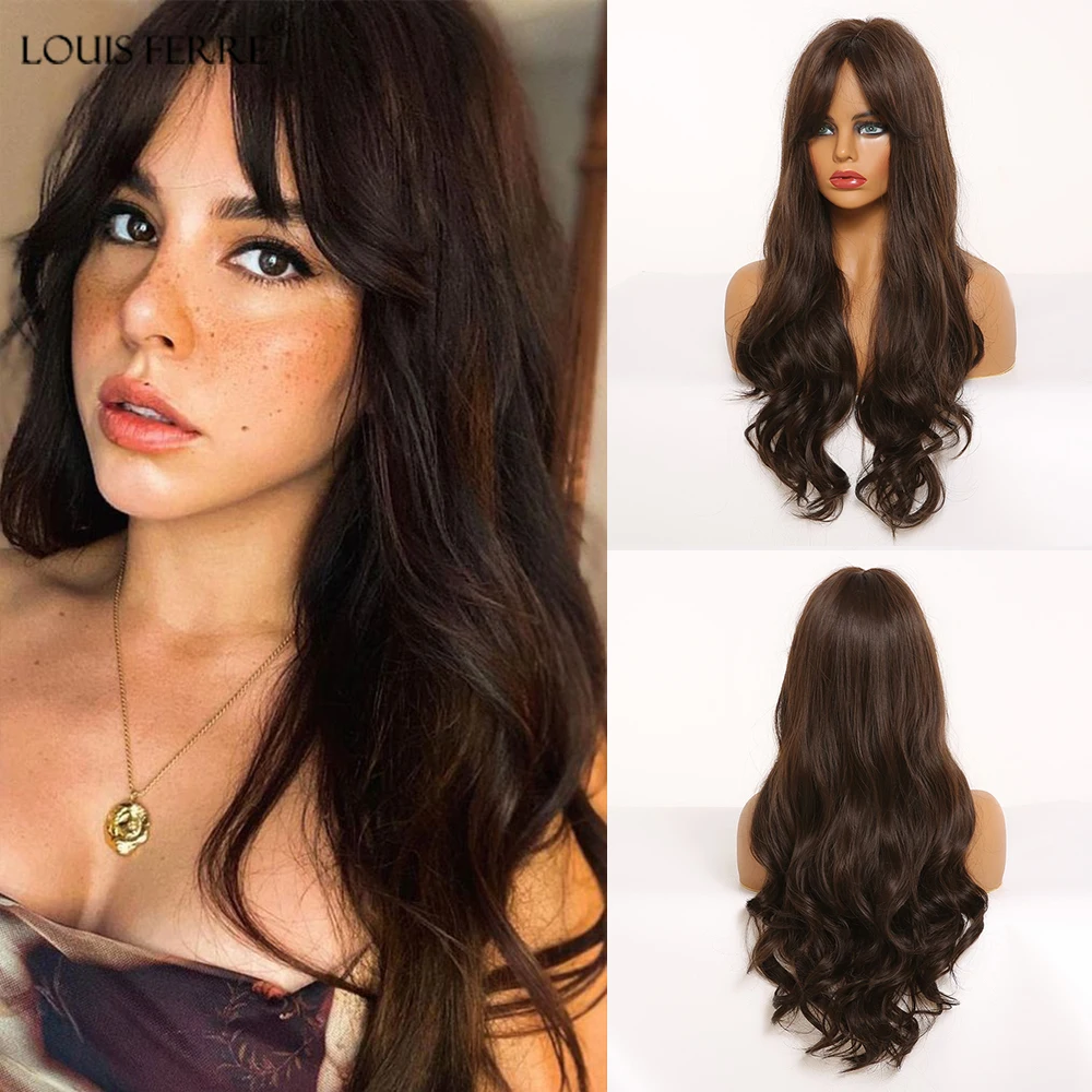 

LOUIS FERRE Long Dark Brown Black Wave Synthetic Wigs With Bangs for Black Woman Cosplay Custom Daily Wig High Temperature Fibre