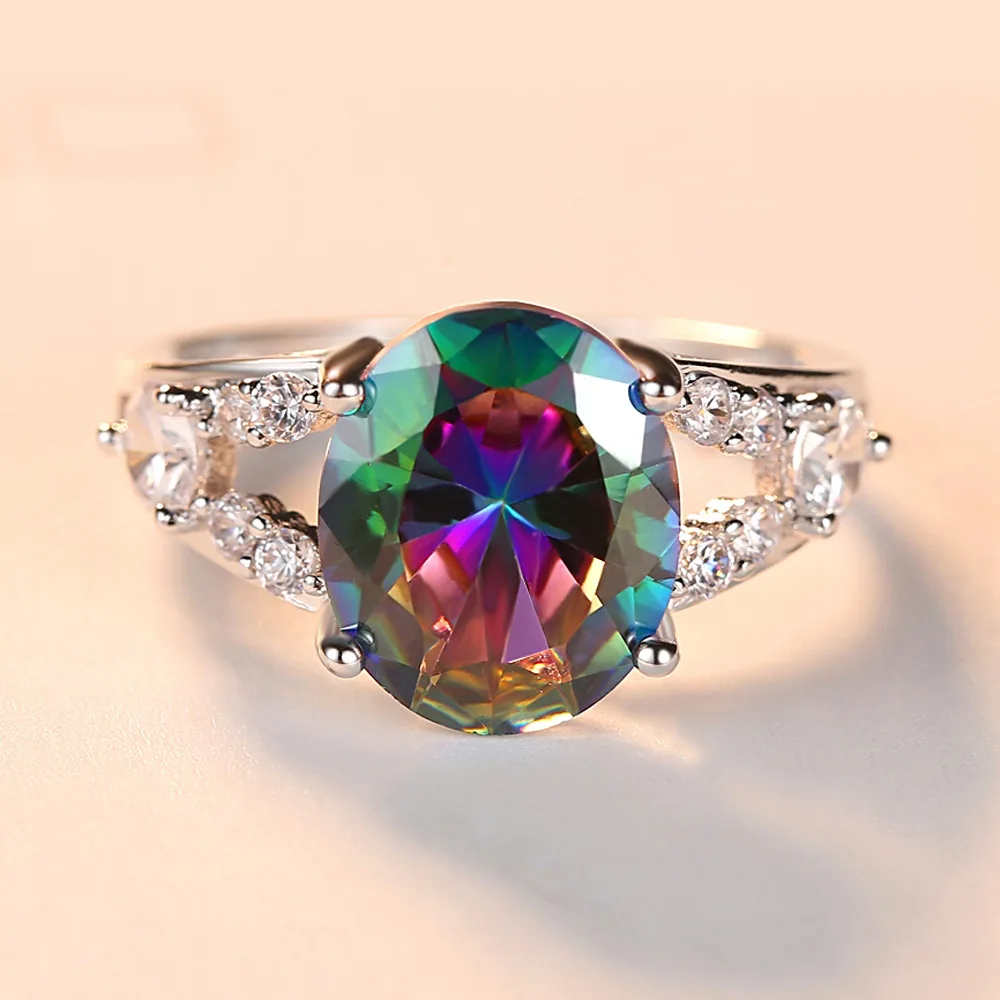 

Clearance sale Colorful Wedding Band Rainbow Multicolor Mystic Zircon Silver Color Ring Size 6 8 9 Wedding Jewelry for Women