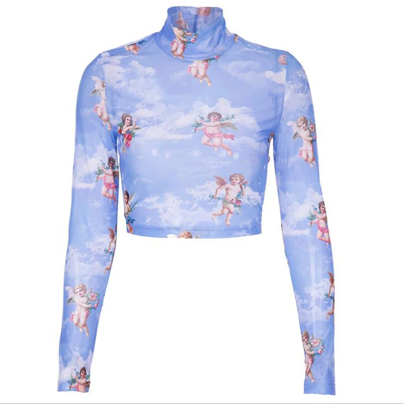 

Women Shirts Little Angel Net Gauze Print Shirt Top Sexy Cupid High Neck Long Sleeve Women T-Shirt Club Party