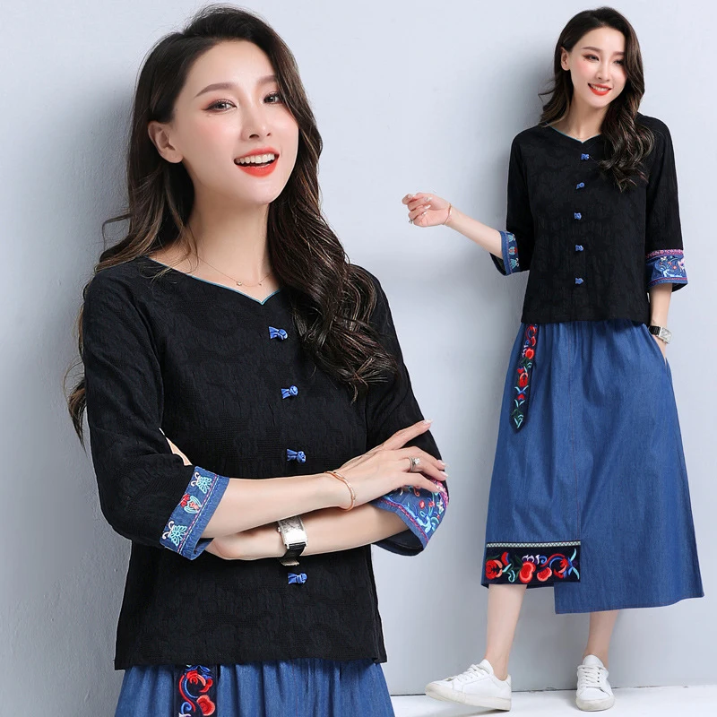 

Summer Chinese Dress Ethnic Style Women's Retro Contrast Stitching Embroidery Flower Plate Buttoned Shirt Loose Clothes Women