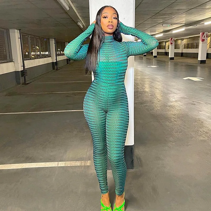 

Winter 2021 Bodycon Party Women Jumpsuits Printed Turtle-Neck See Through Overall Legging Club Long Sleeve Sexy Playsuits Female
