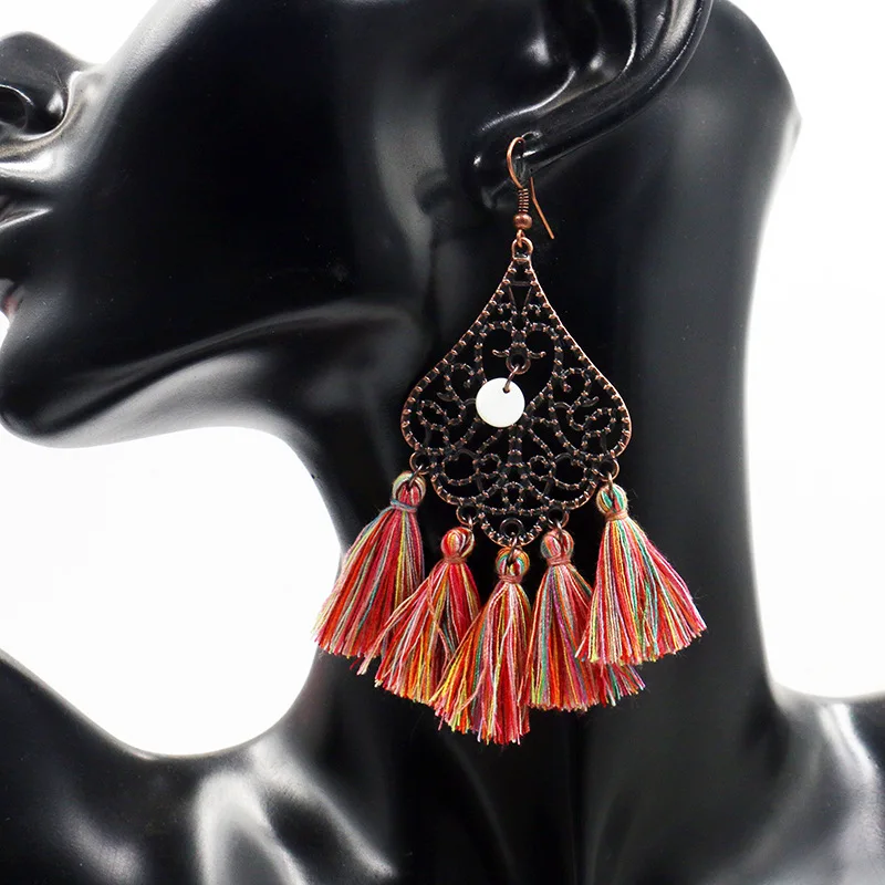 Винтажные богемные этнические бронзовые висячие серьги с бахромой длинные