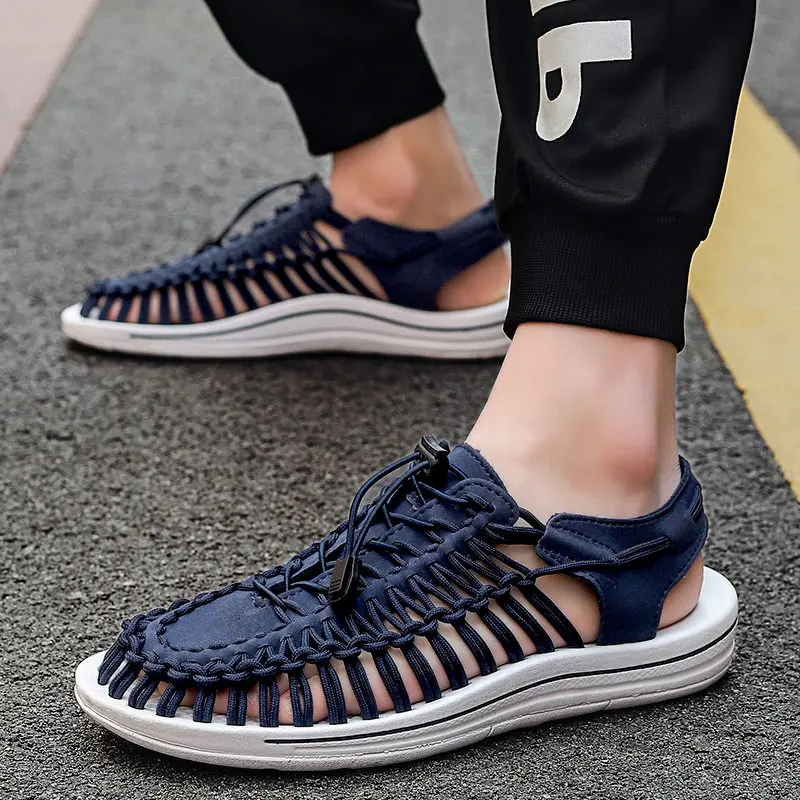 

Summer Hot Sale Fashion Red Weaving Sandals Man Breathable Beach Men Casual Sandals Couple Big Size Flat Men's Elastic Sandals