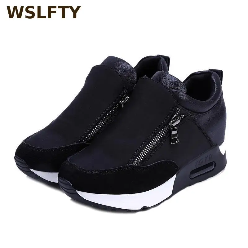 

Fashion Korean Women Sneakers Platform Leather Black Red Casual Shoes Woman Zipper Hidden Heel Wedge Height Increasing Shoes