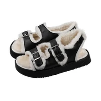 women wool furry fur sandals double buckle band cotton sandales female winter shoes celebrity add cashmere sandalias mujer 2021