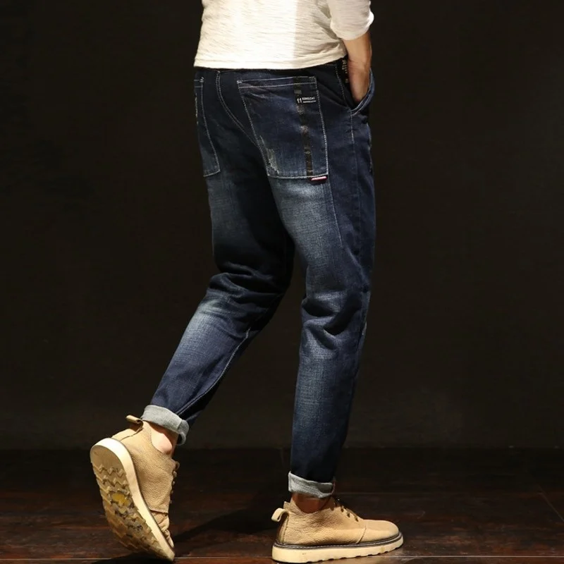 

Модные эластичные джинсы, мужские прямые Темно-Синие рваные джинсы с дырками, новые мужские повседневные брюки свободного кроя с карманами,...