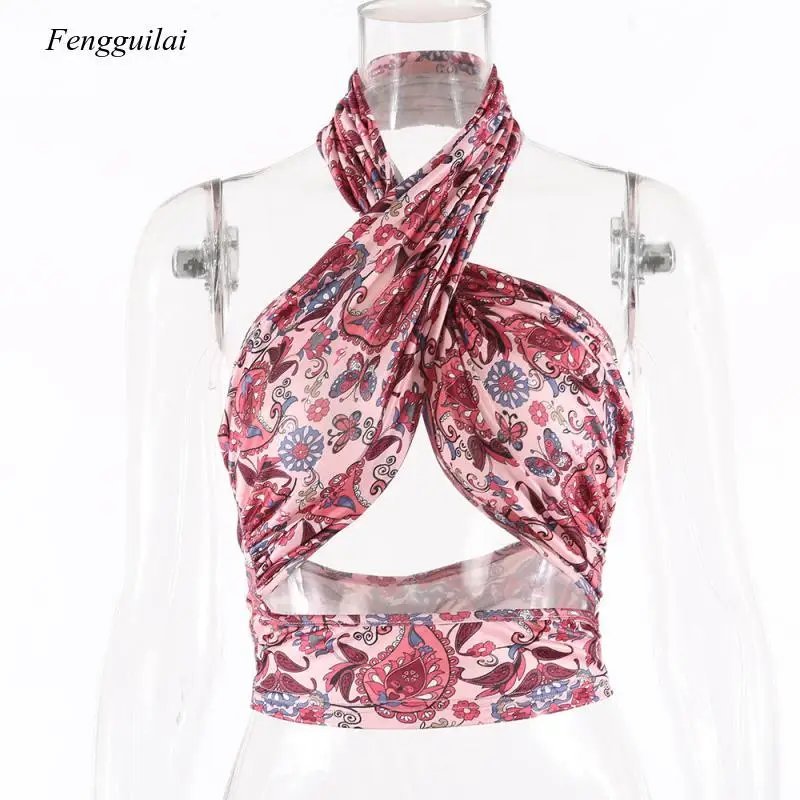 

2021 Retro Franch Style Print Cross Neck Strapless Vest Women's Hollow Out Open Navel Top