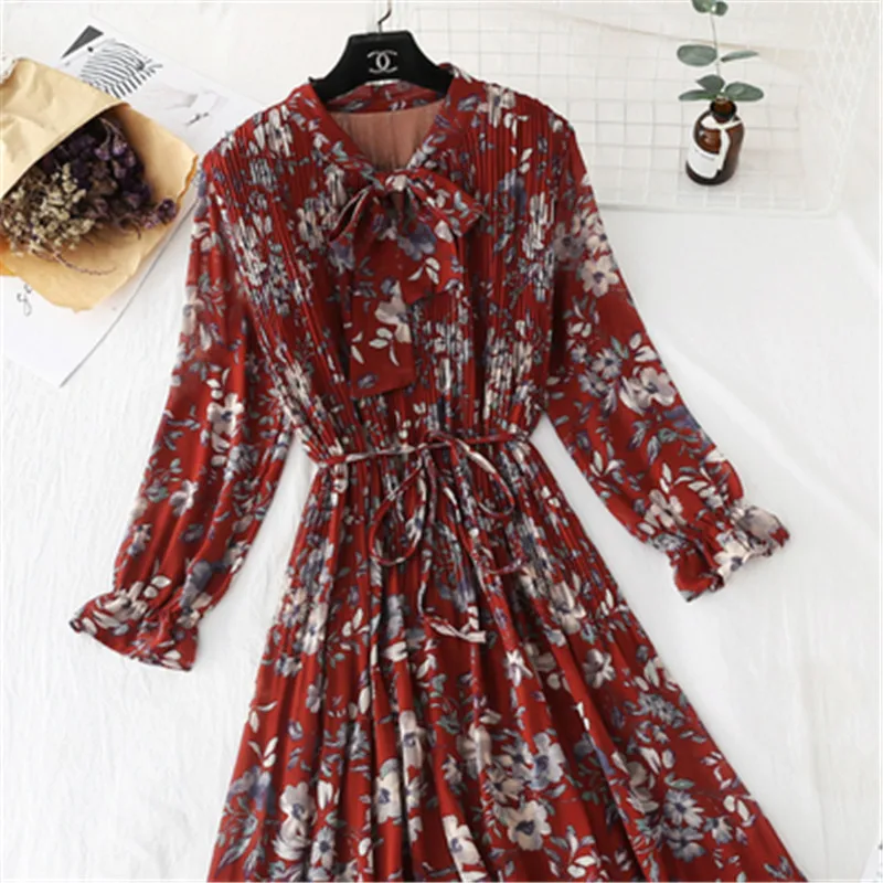 

Женское шифоновое платье в горошек, с цветочным принтом, с длинным рукавом, большого размера, весна-осень, 2020