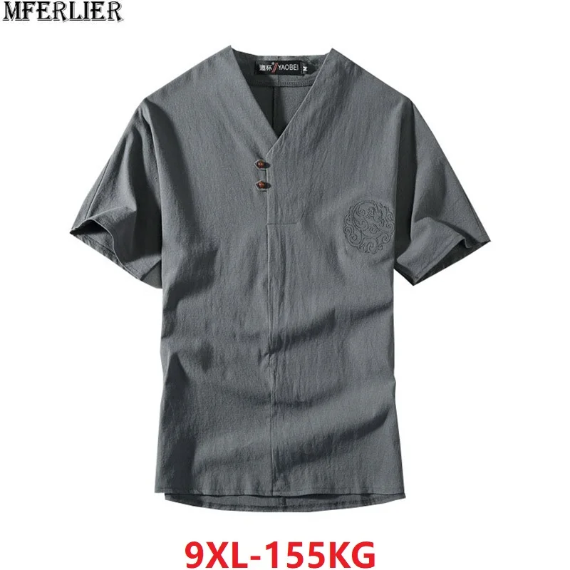 

Summer Men chinese style sleep tops homewear large size T-shirt Short Sleeve Tees big size 7XL 8XL 9XL v-neck linen tshirt 68 70