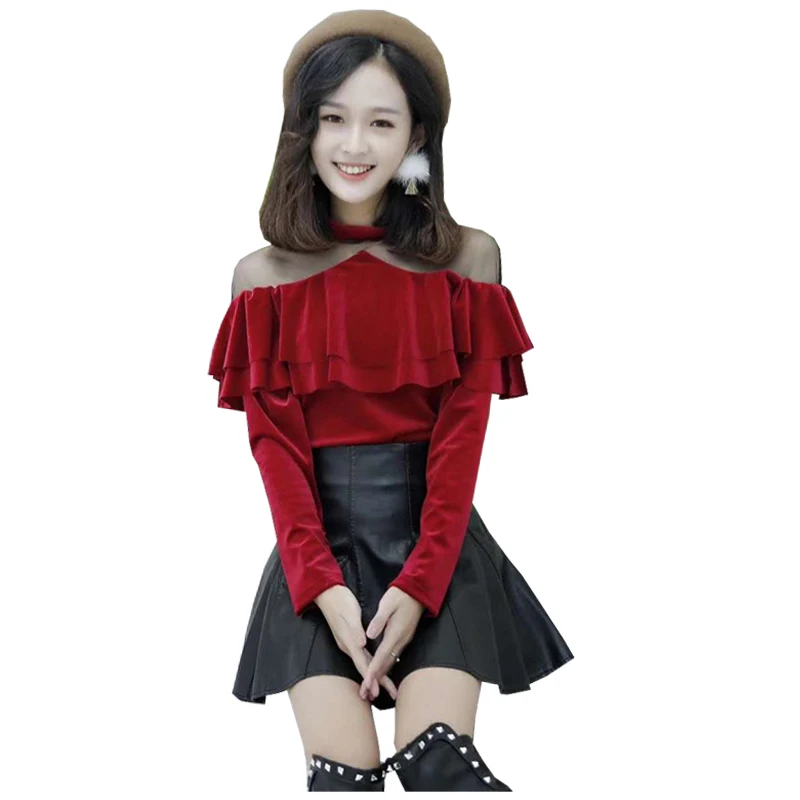 

edition falbala collar off-the-shoulder pure color pleuche cultivate morality show thin long sleeve blouse render women