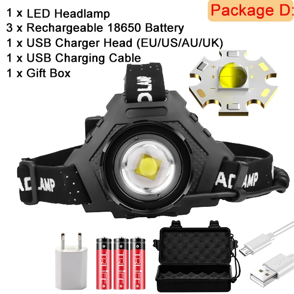 Package D XHP70 светодиодный налобный фонарь 18650 налобный светильник наибольшая мощность 32 Вт USB налобный фонарь Zoom power Bank 7800 мАч алюминиевый походный рыболовный светильник - Испускаемый цвет: Package D