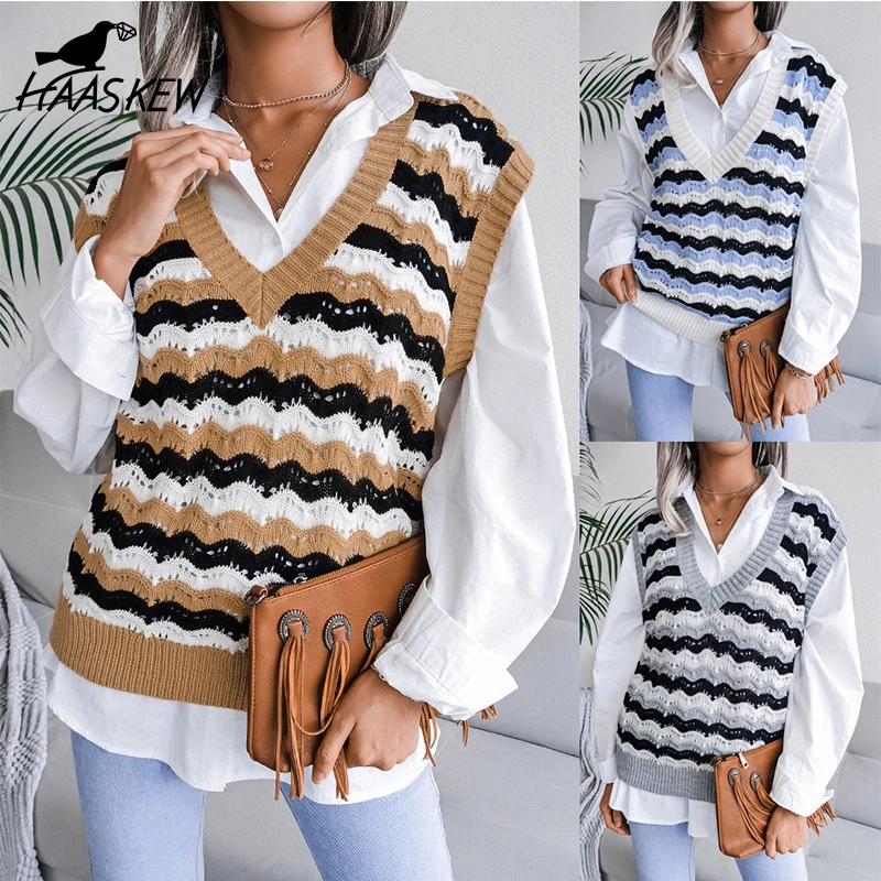 

HAASKEW 2021 Stripe V Neck Sweater Sleeveless Women Khaki Jacquard Autumn Winter Fashion Patchwork Knitted Vest Casual Pullover