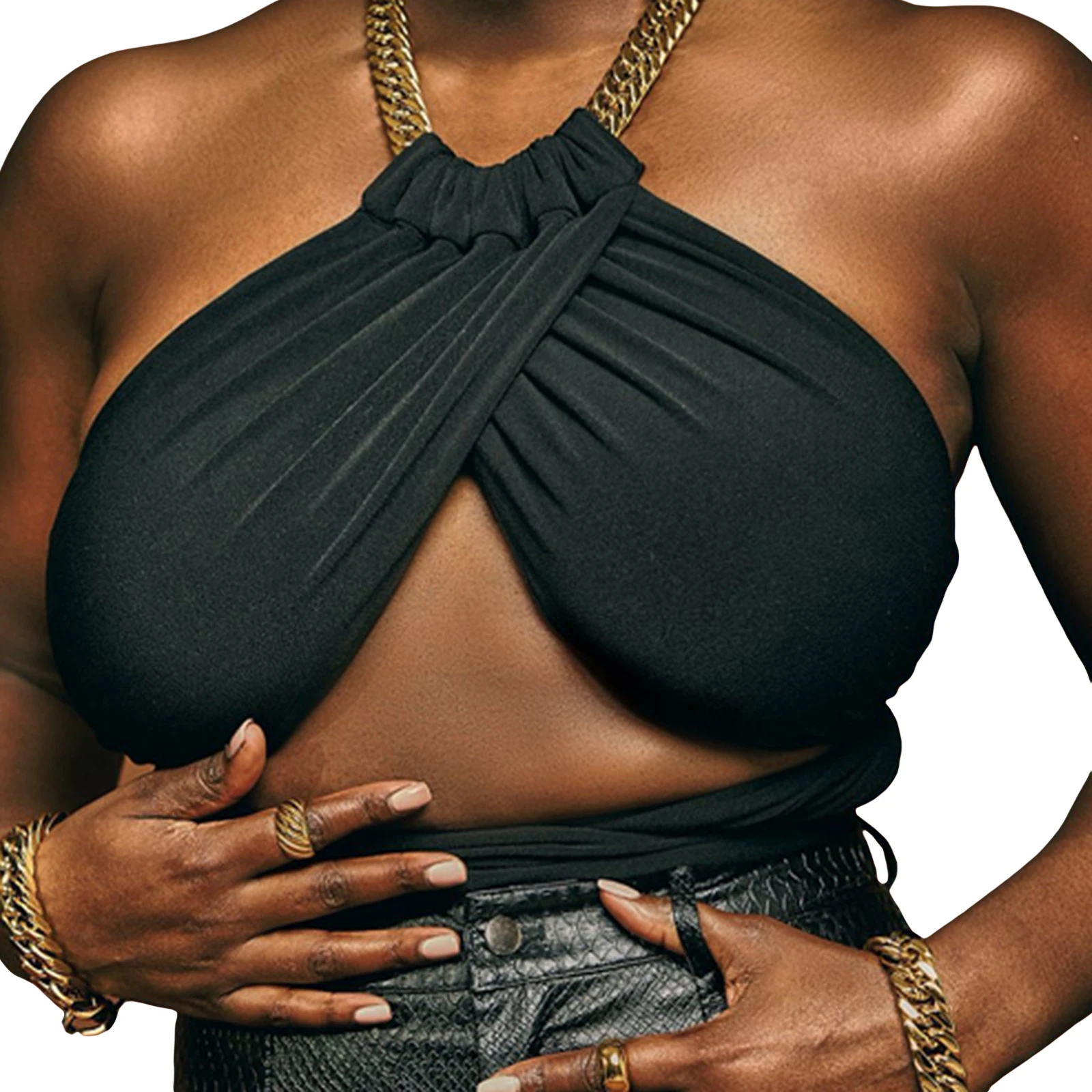 

Женский пикантный топ на бретельках с цепочкой, летние модные однотонные топы с круглым вырезом и открытым пупком