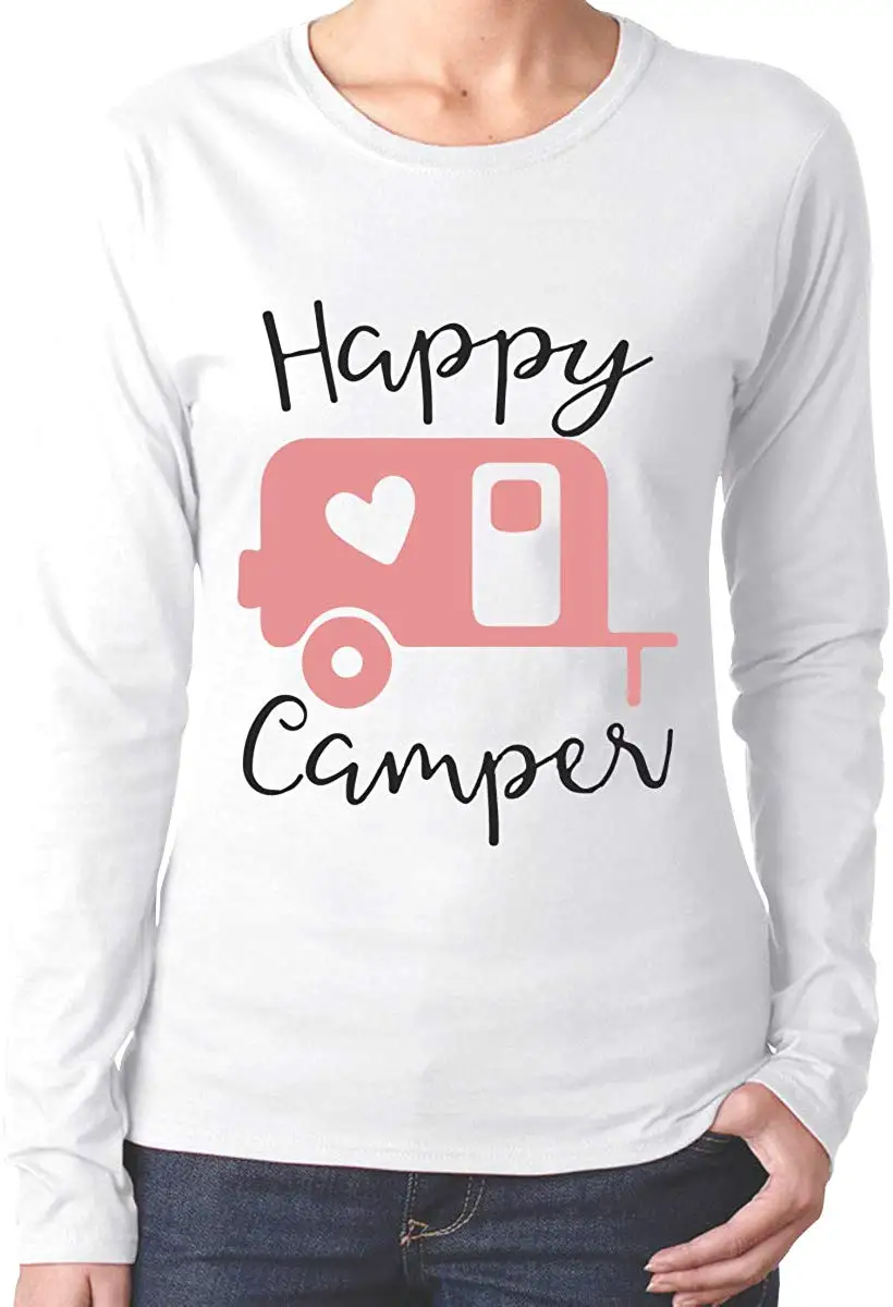 Happy Camper Женская хлопковая Футболка TFGHFG с длинным рукавом и вырезом