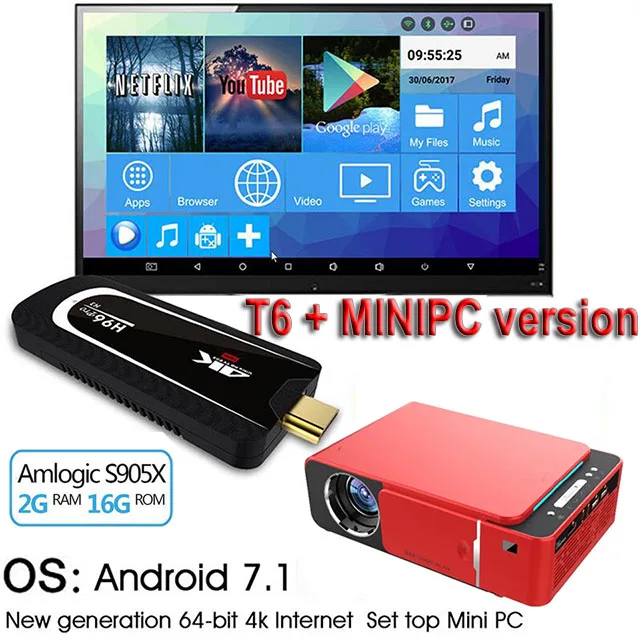 T6 add H3 MINIPC UNIC T6 светодиодный проектор 3500 люмен HDMI USB FULL HD 1080p проектор wifi Bluetooth Android 7,1 3D проектор для домашнего кинотеатра - Цвет: T6 add H3 MINIPC