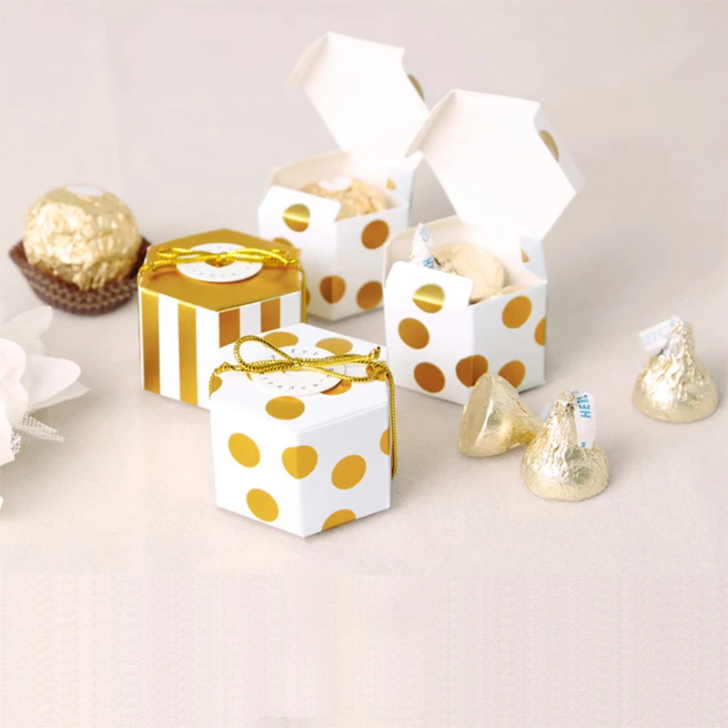 50pcs Mini Gold Round Dot Stripe Hexagonal Chocolate Box for Valentine's Day Wedding Birthday Decoration Favor Gift Souvenirs