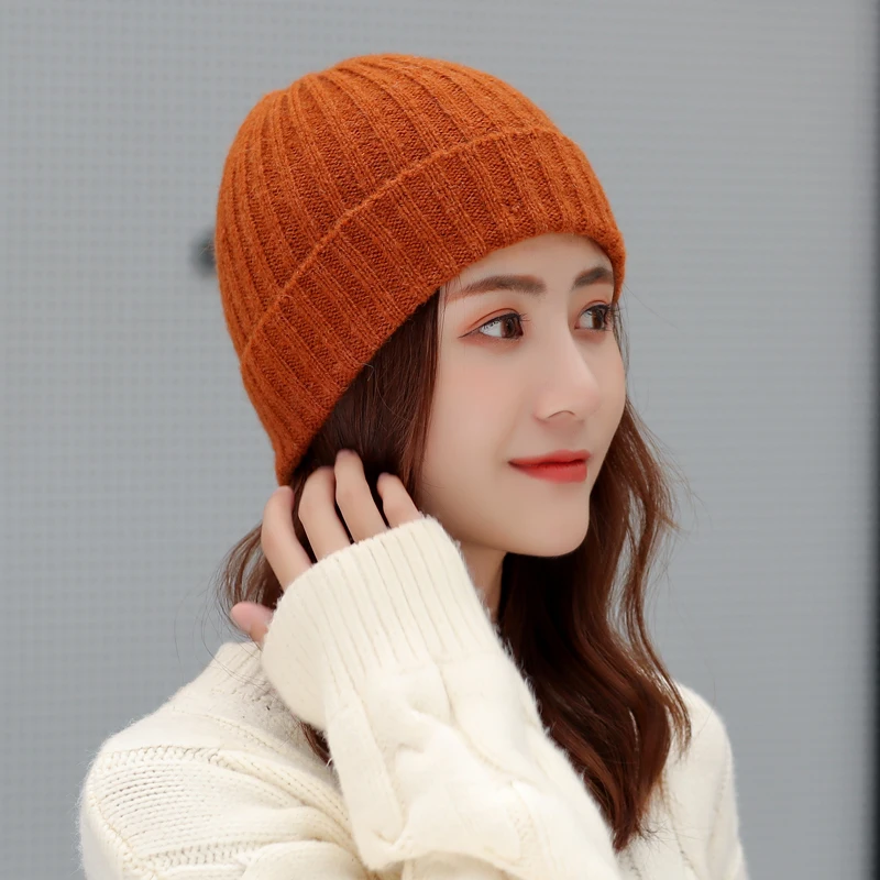 Осенне-зимняя шерстяная Вязанная женская шапка Skullies карамельного цвета теплые