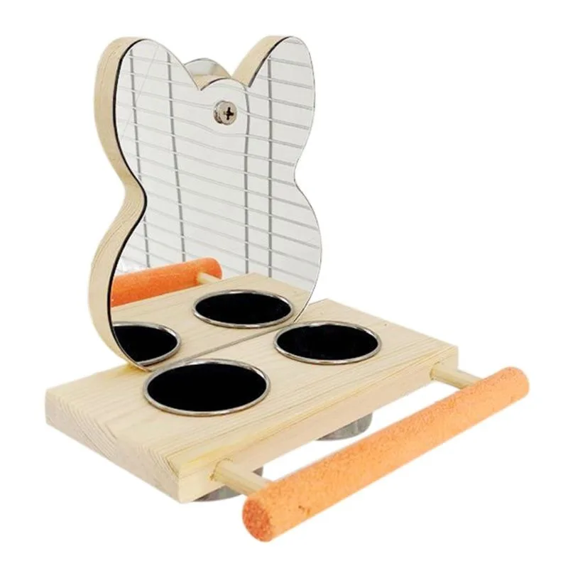 

Parrots Mirror Play Stand Birds Wooden Toys Perch Playgym with Feeder Cups Bowls WF