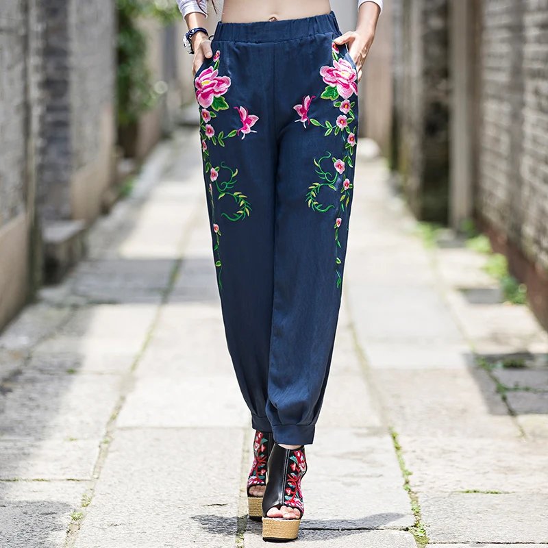 

Women Autumn Spring Ethnic Grey Black Blue Red Floral Embroidery Harem Pants Capris Pant Trousers Traditional Chinese Clothing