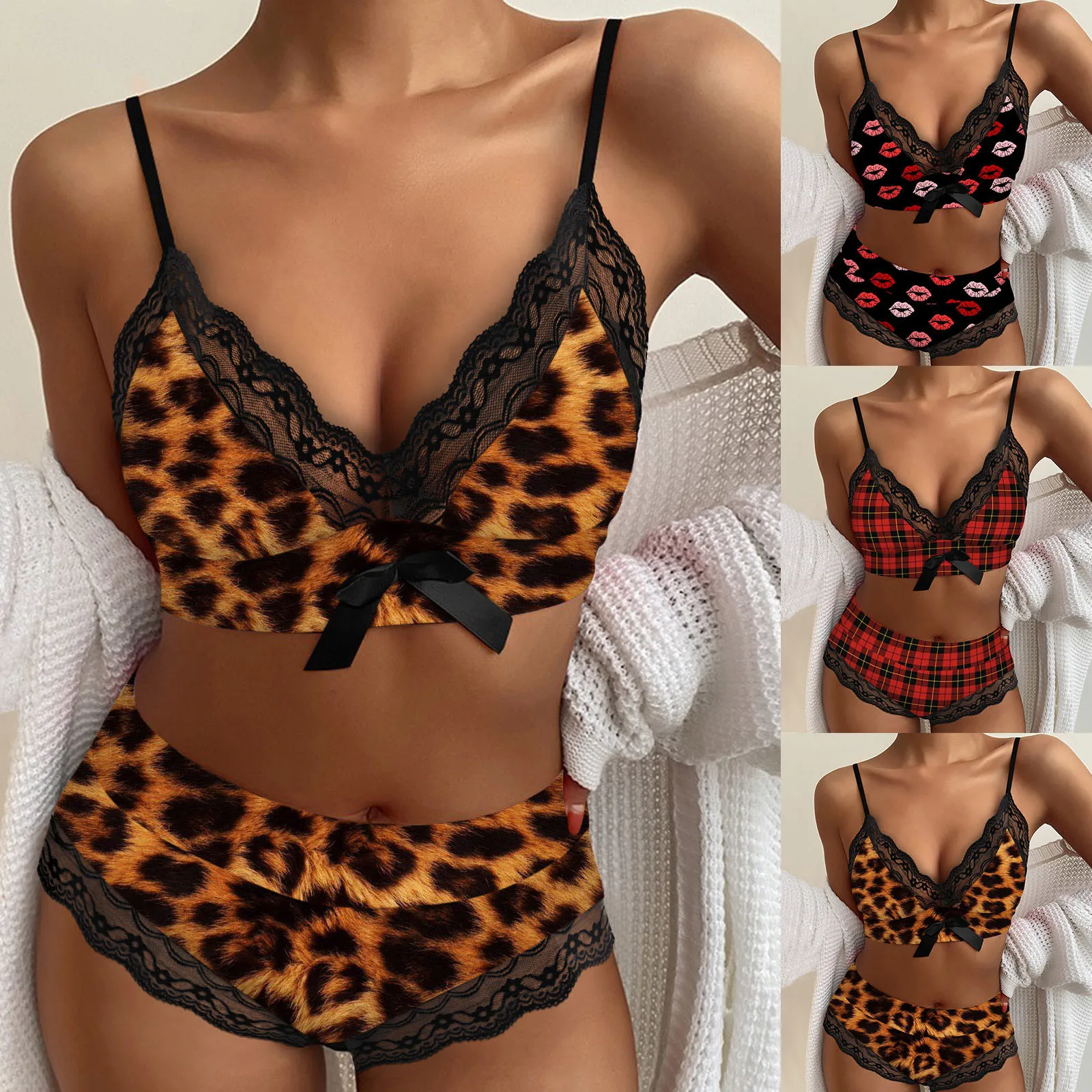

Swimsuit Women Leopard Print Bowknot Decor Lace Bikini 2021 Sexy Bathing Suit High Waist Bikini Set Biquini Push Up Swimwear