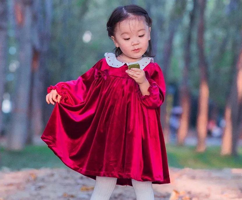 Для маленьких девочек осень-зима весенние цвет вина красный бархат с длинным