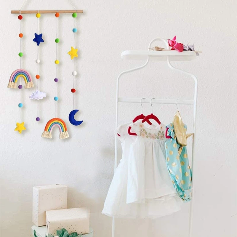 Rainbow Baby Room Decor Kids Bedroom Macrame Photo Display Colorful Ball Wall Hanging Organizer With 25 Wood Clips | Дом и сад